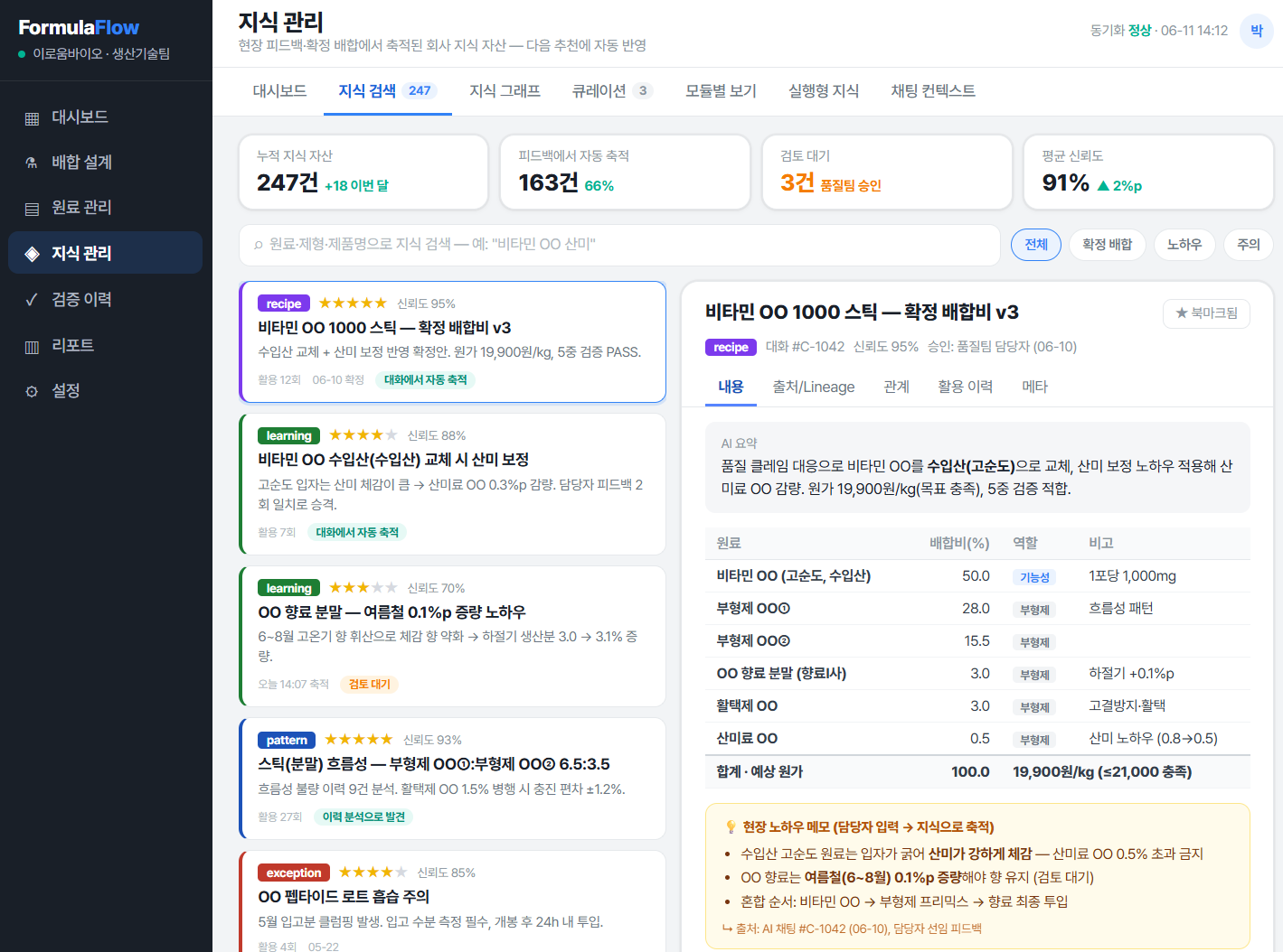 TriFlow-AI 지식 관리 — 현장 노하우·확정 사례를 회사 지식 자산으로 축적하는 자가성장 엔진